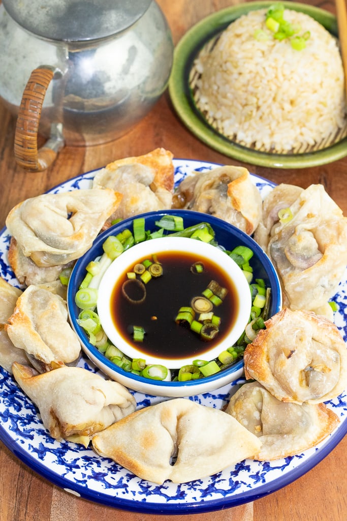 colorful bright blue and white plate filled with veggie pot stickers and asian dipping sauce