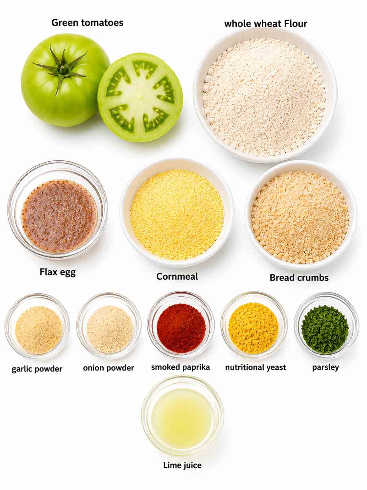 ingredients for air fryer green tomatoes in bowls and labled.
