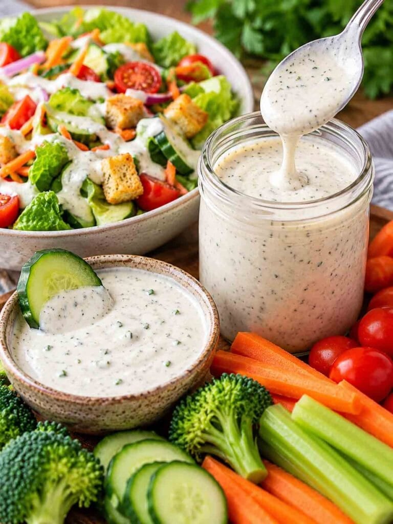 jar of vegan ranch dressing in a jar with a spoon surrounded by a salad and vegeteables.