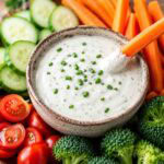 dairy-free ranch dressing in a bowl surrounded by carrots, cucumbers, broccoli, and tomatoes.