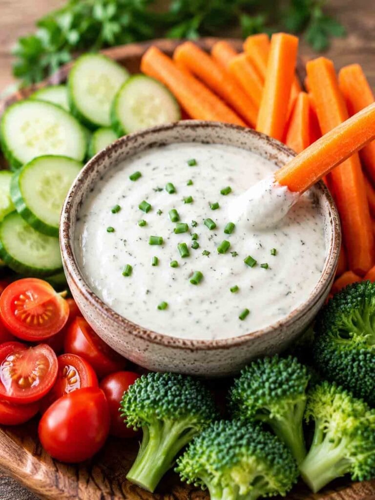 dairy-free ranch dressing in a bowl surrounded by carrots, cucumbers, broccoli, and tomatoes.