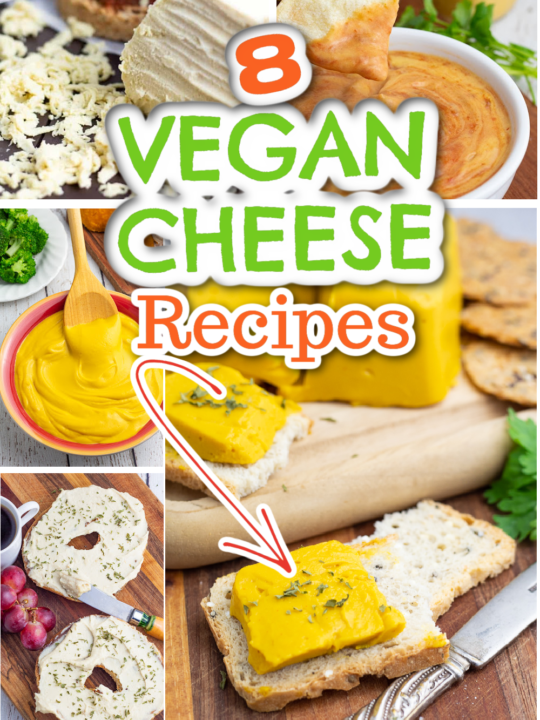 photo collage of different homemade vegan cheeses