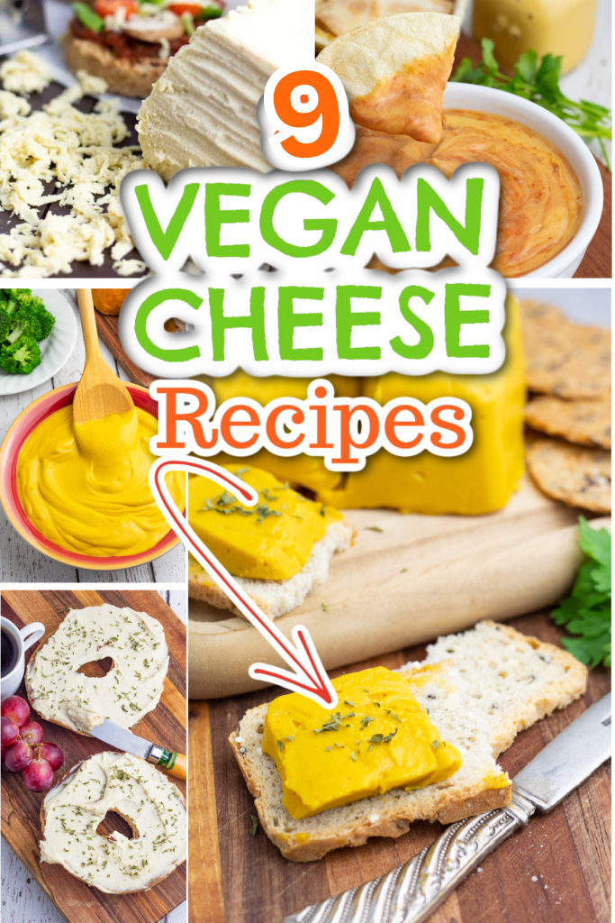photo collage of different homemade vegan cheeses