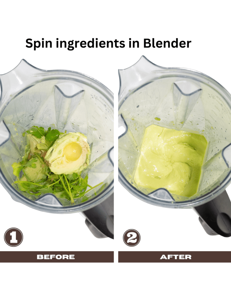 step by step blender instructions with before and after blending dressing ingredients