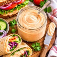 spicy vegan mayonnaise in a small jar with a spoon and a sandwich and wraps on table beside.