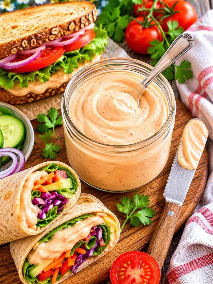 spicy vegan mayonnaise in a small jar with a spoon and a sandwich and wraps on table beside.