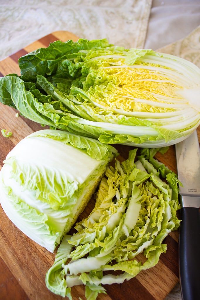 napa cabbage sliced in half to show core