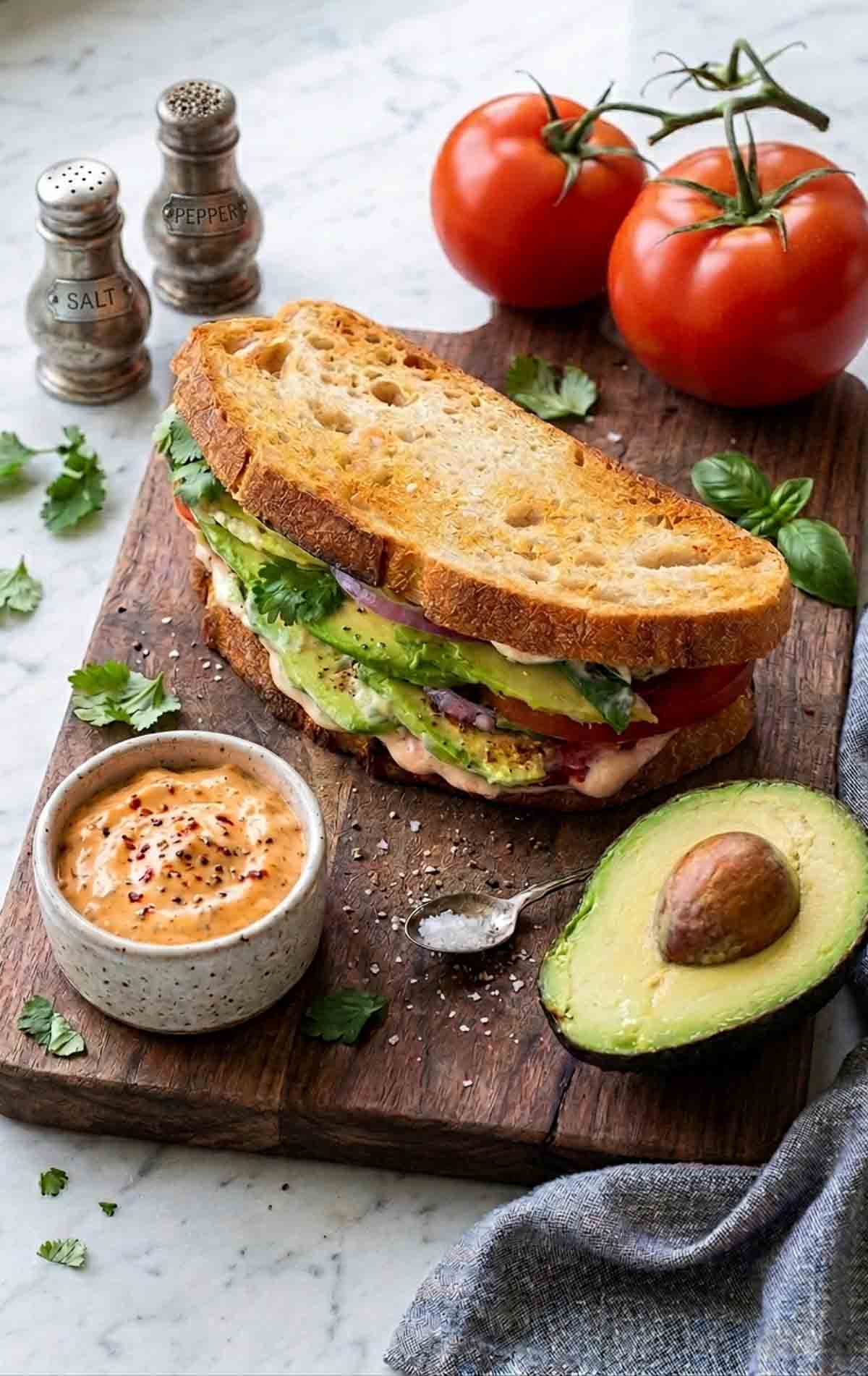 avocado tomato sandwich on sourdough bread with homemade spicy mayo.