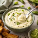 wasabi mayo in a crock bowl with a spoon.