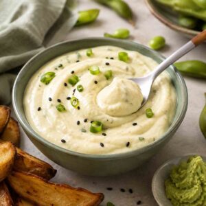 wasabi mayo in a crock bowl with a spoon.
