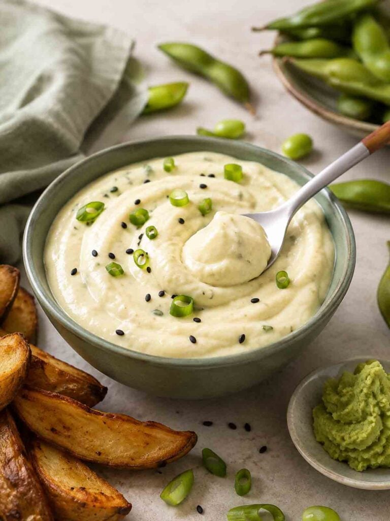 wasabi mayo in a crock bowl with a spoon.