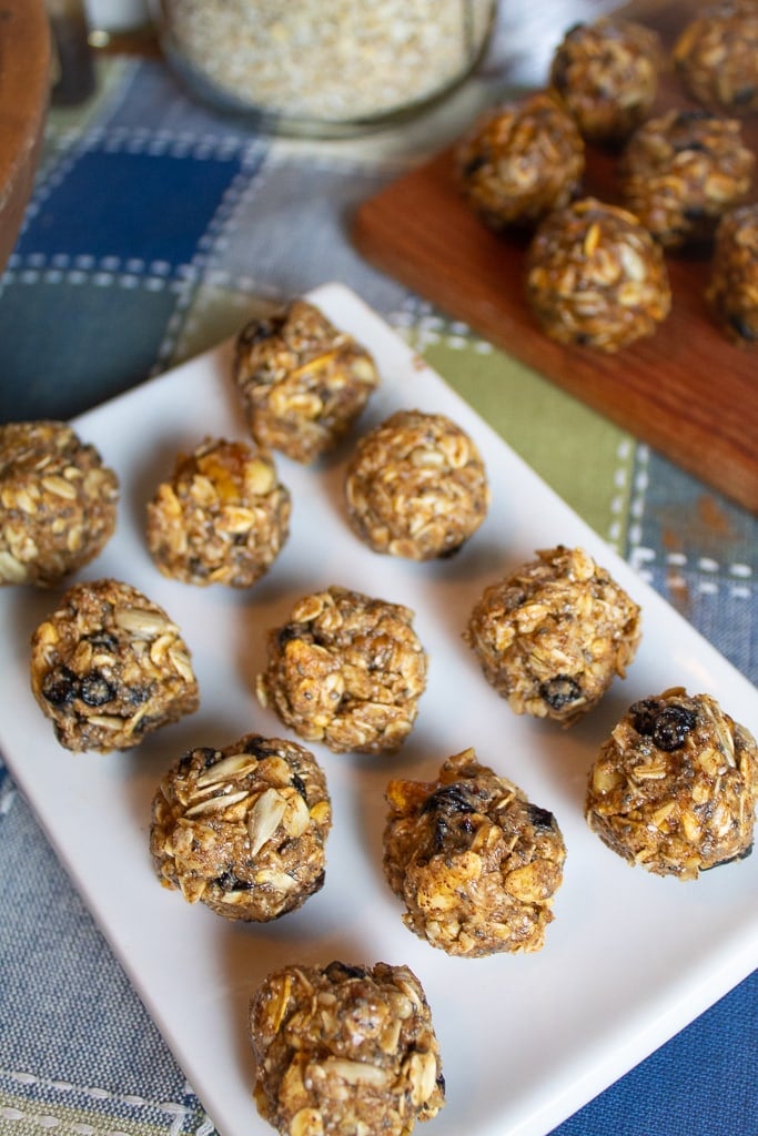 white rectangular platter with a dozen oatmeal energy balls