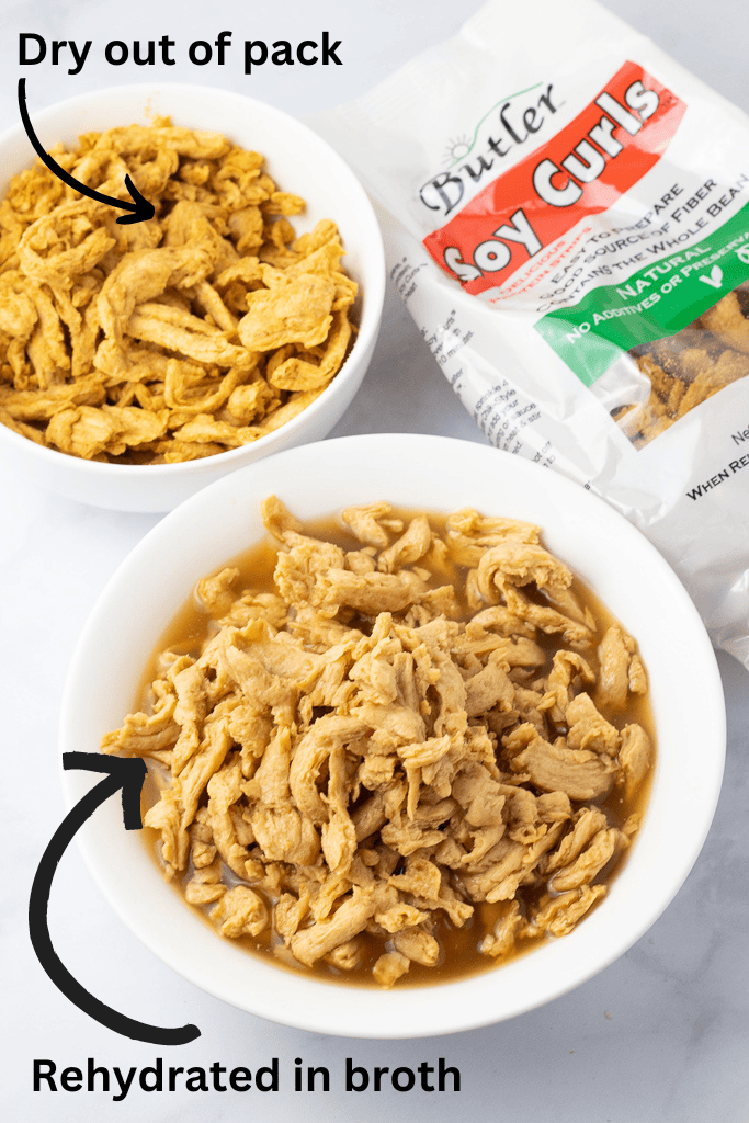graphic of dried soy curls vs rehydrated in bowl with bag beside them