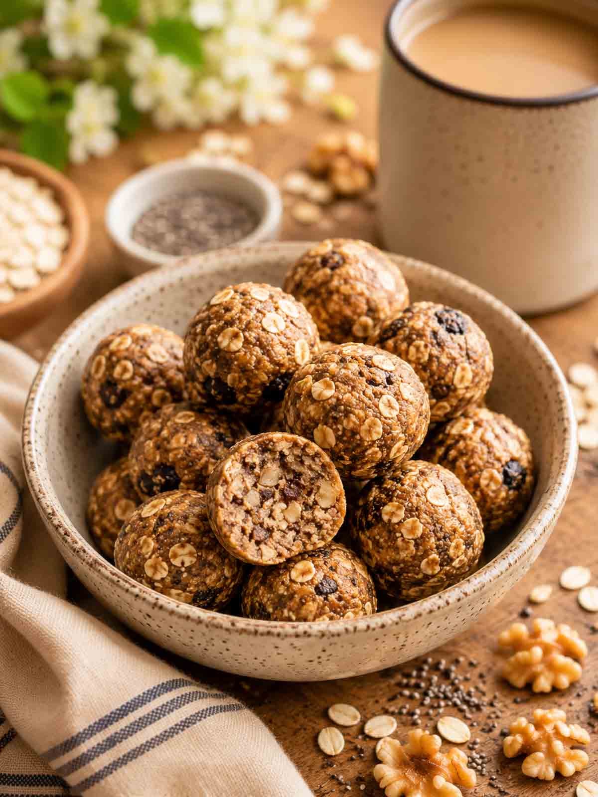 bowl of oatmeal energy balls with one sliced open to see the texture inside.