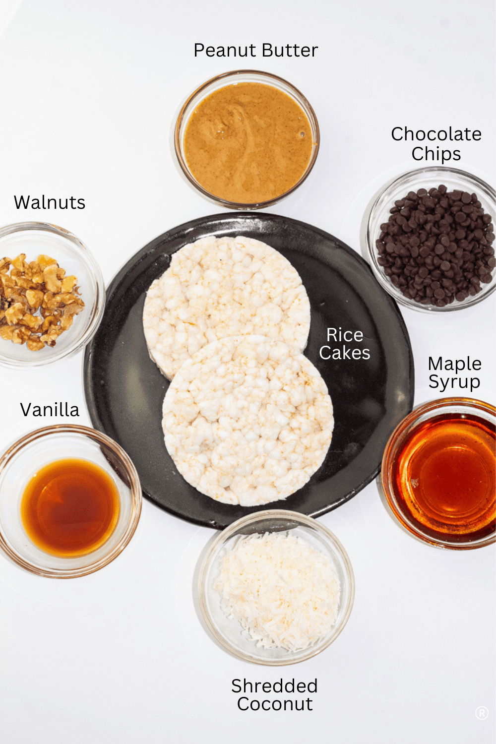 labeled photo of ingredients for chocolate peanut butter balls on white background