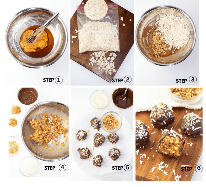 step by step photo directions for making chocolate balls in 6 steps