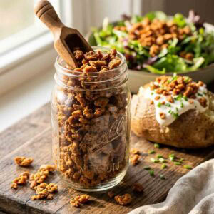 mason jar filled with soy curl bacon bits and s scoop.