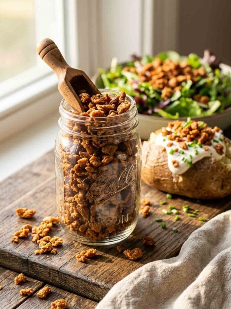 mason jar filled with soy curl bacon bits and s scoop.