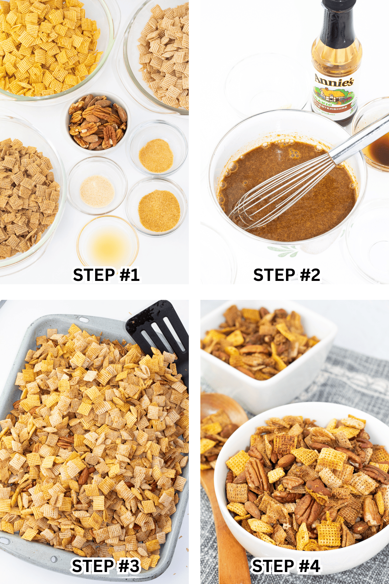 4 steps pictured for making chex mix photo collage