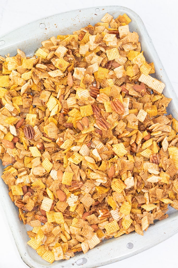 pan of golden cooked chex mix
