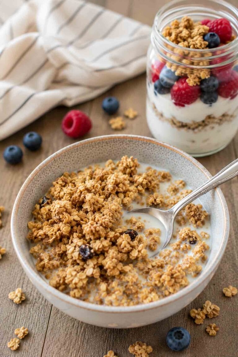 bowl of chewy peanut butter granola in a bowl with milk and a spoon.