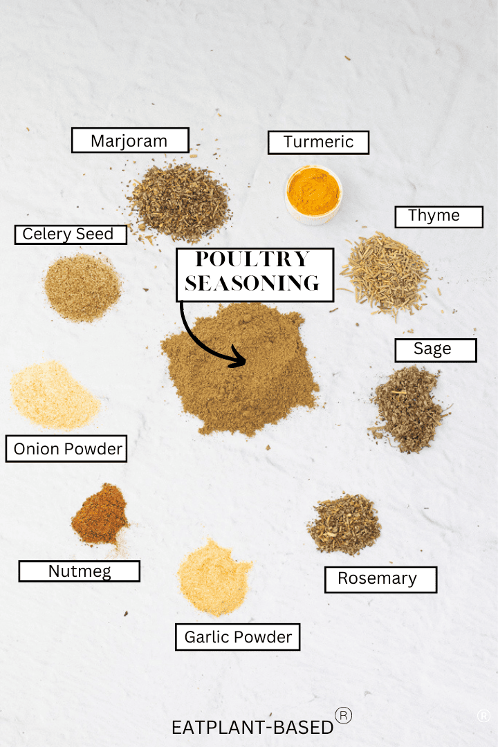 dry spices needed to make poutry seasoning on white background, turmeric, thyme, sage, rosemary, garlic, onion, nutmeg, celery seed, jarjoram
