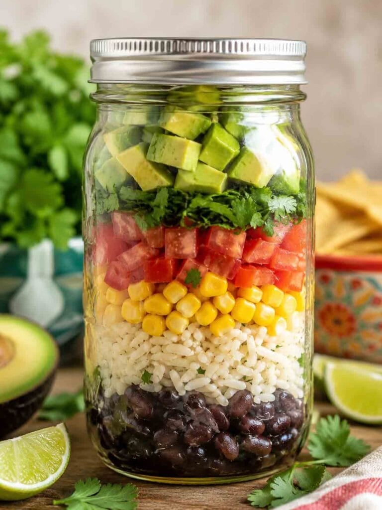 mexican soup in a mason jar with ingredients in layers.