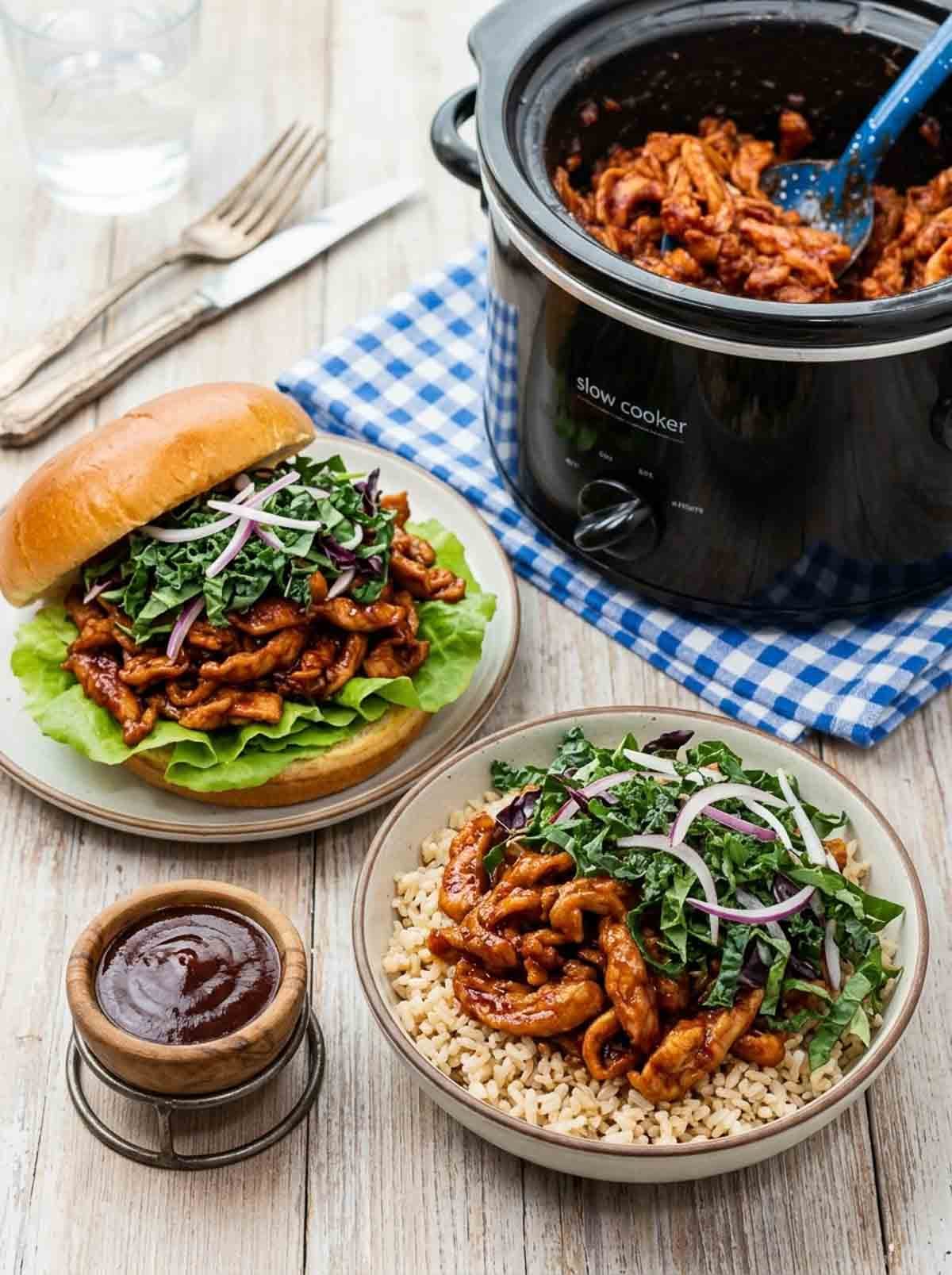 bbq soy curls in crock pot, on a bun, and served over brown rice.