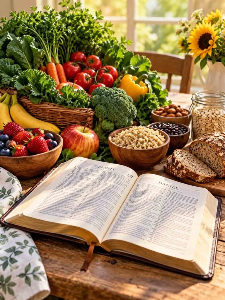bible opento the book of Daniel on an old farm table surrounded by plant-based foods.