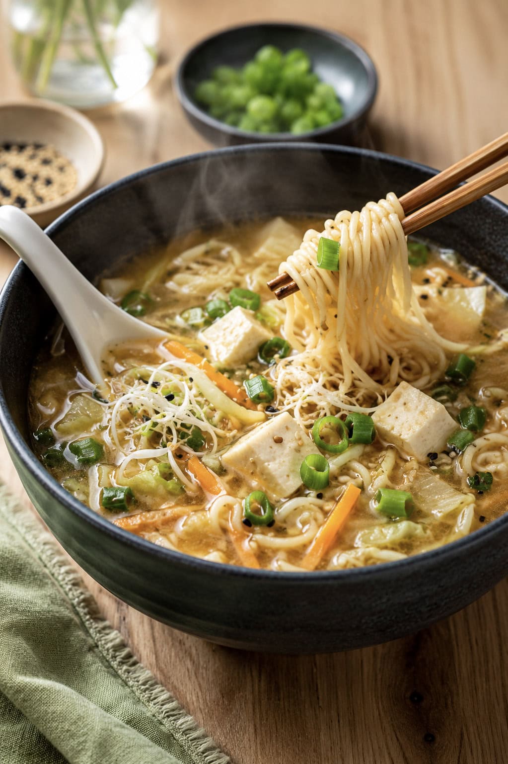 ramen noodles in a bowl with asian soup spoon and chopsticks.