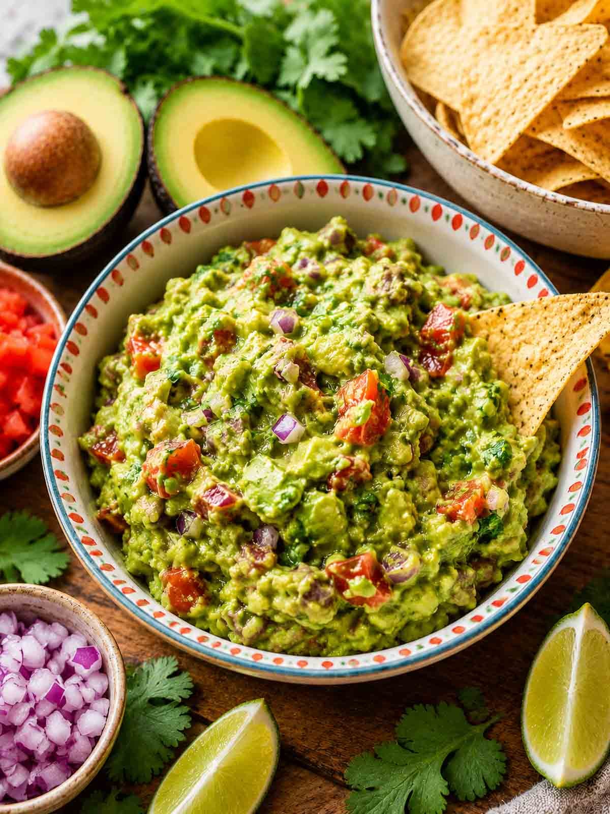 bowl of chunky guacamole with a chip in bowl with ingredients spread around the bowl.