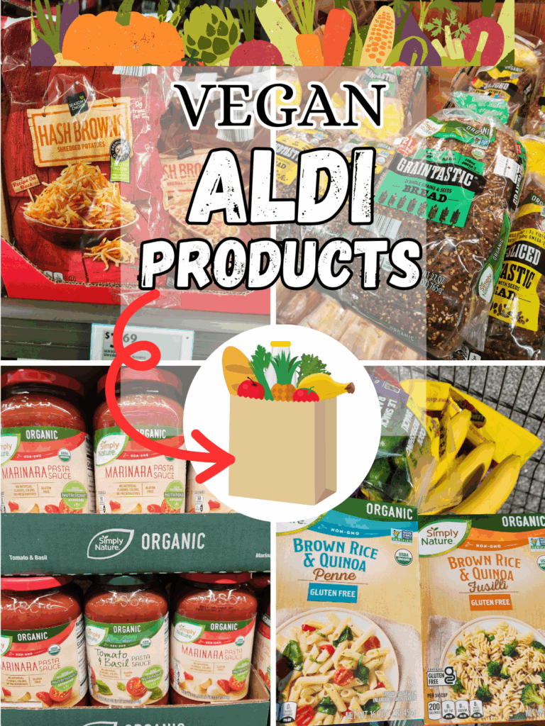 photo collage of aldi vegan grocery products. without epb logo.