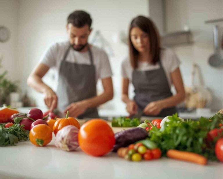 couple in kitchen preparing a healthy plant based meal.