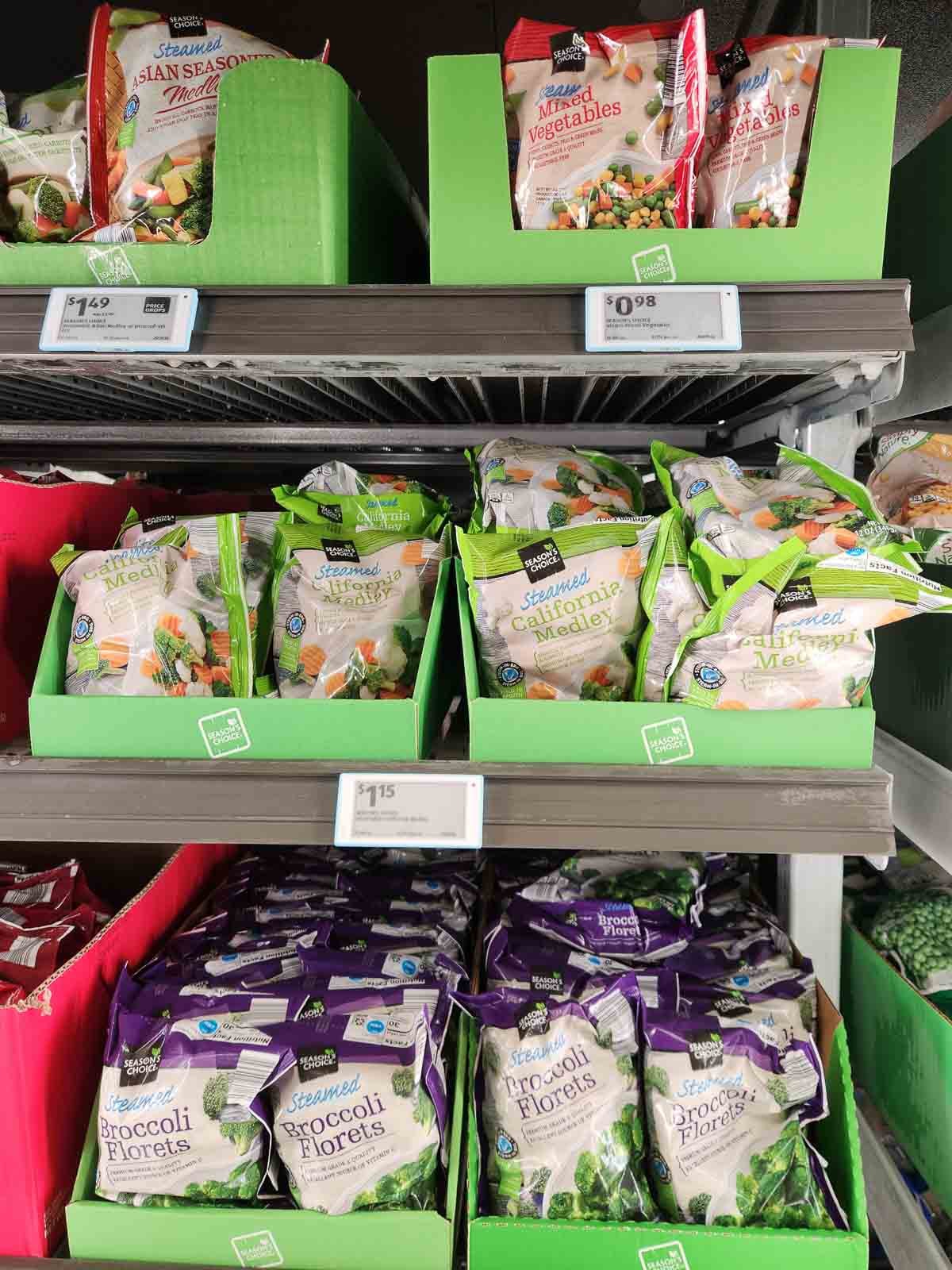 frozen vegetable section of grocery store.