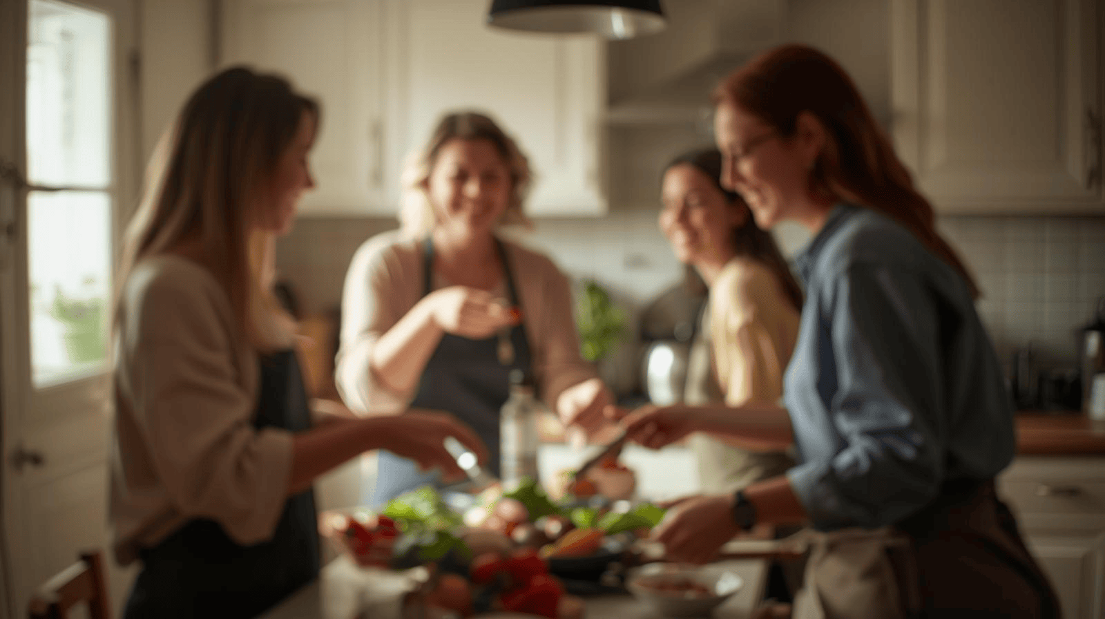 friends in kitchen making dinner and laughing.