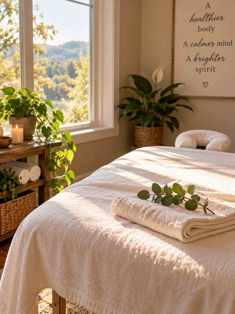 peaceful massage room with light coming in the window.