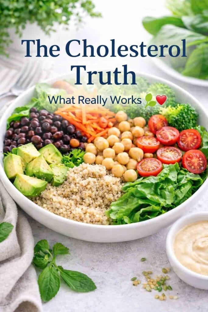 colorful bowl with quinoa, vegetables, beans, and overlay says, the truth about cholesterol.