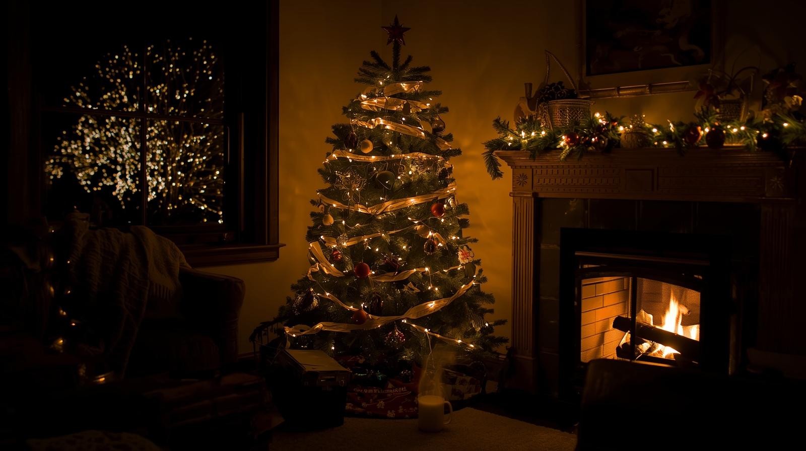 living room dimly lit with christmas tree and garland lights.