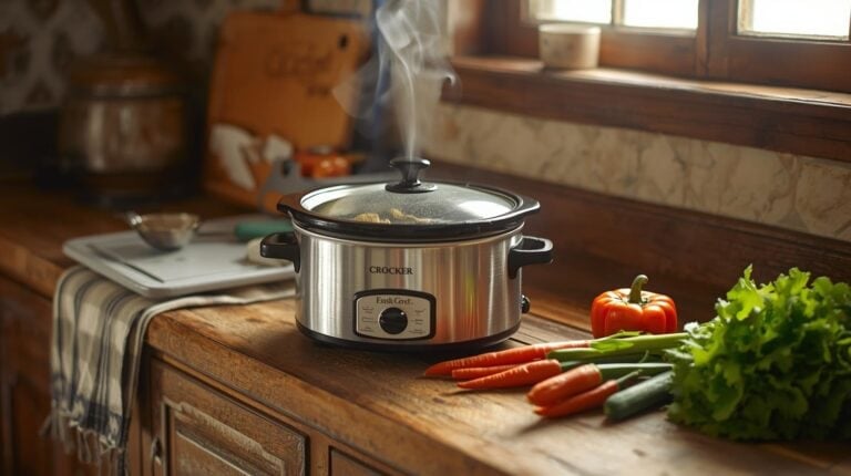crockpot on wooden counter with vegetable soup.
