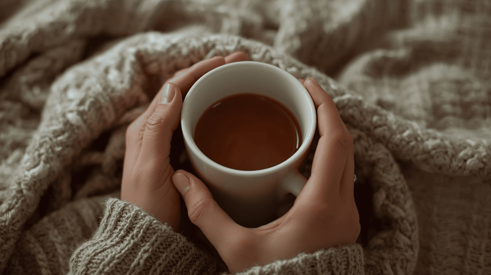 hands wrapped around a warm mug, cozy blanket visible
Warm, grounded, personal — reflects gratitude in simple things.
