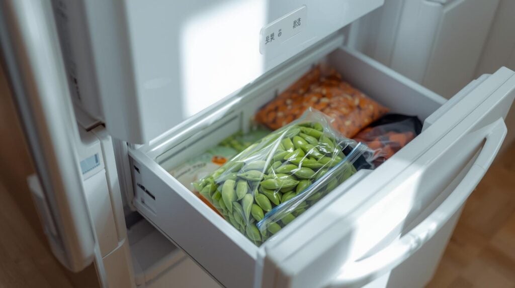 freezer drawer of a refrigerator open with a bag of edamame on top.
