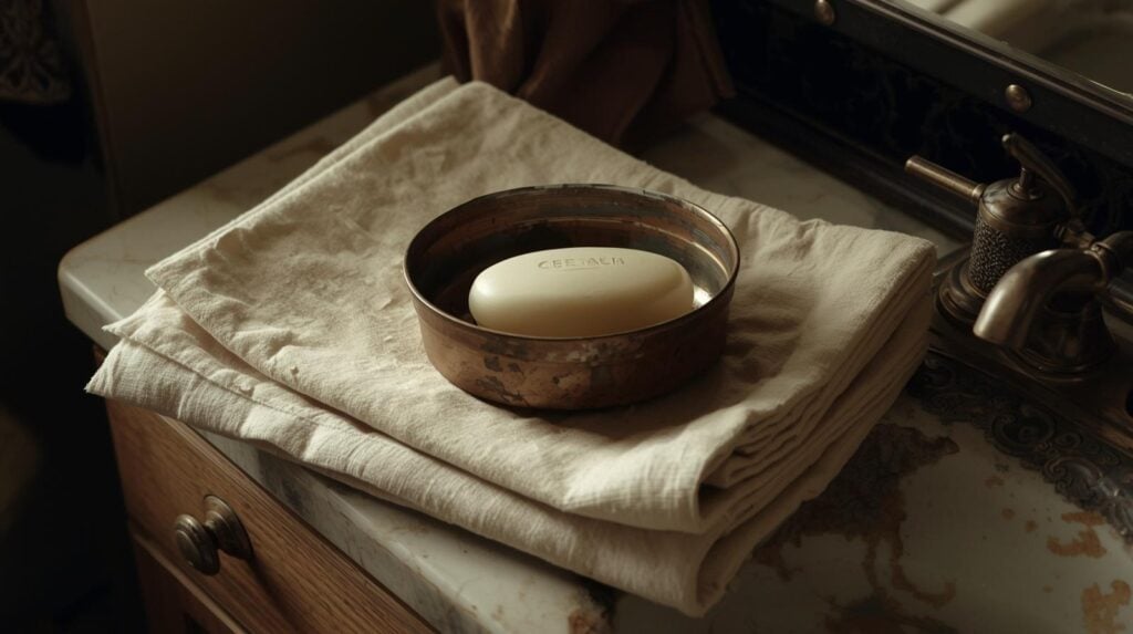 soap in dish in vintage bathroom.