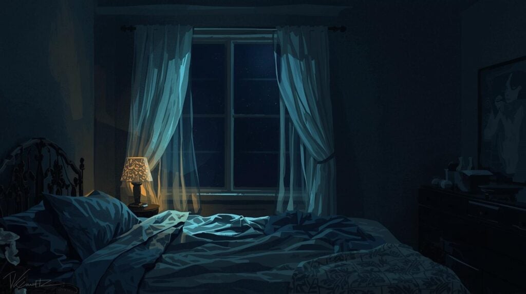 bedroom window at night with curtains open with night stand with lamp on.