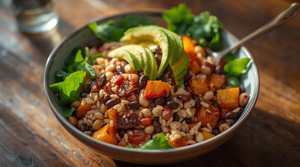 hearty grain, veggie, and bean bowl on a wooden table with a spoon in bowl.