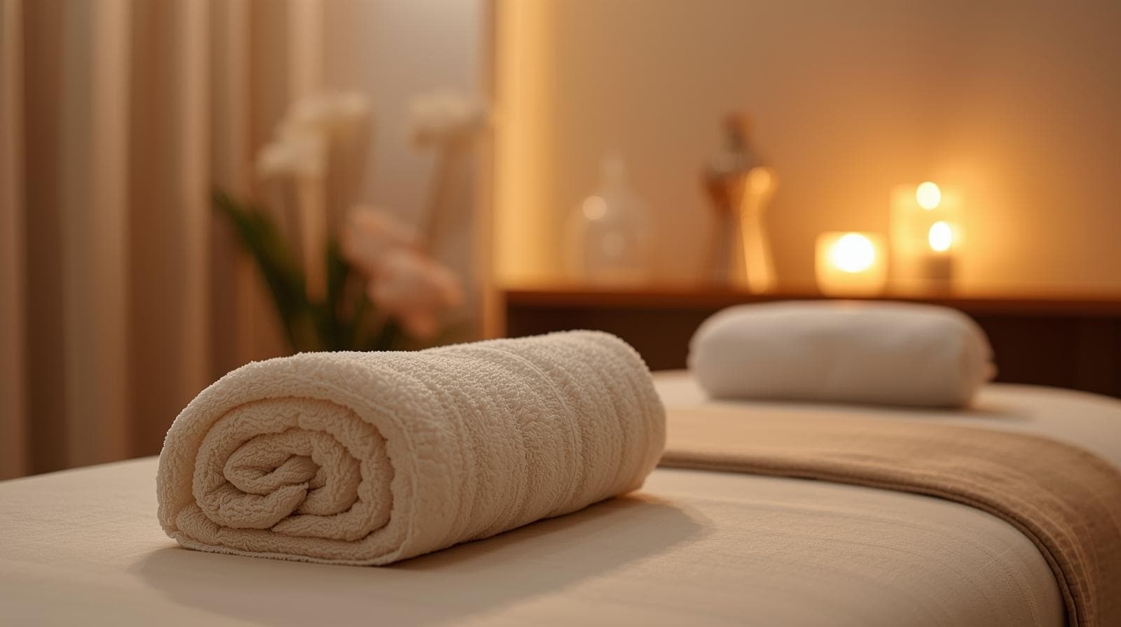 A peaceful massage setting: soft lighting, warm tones, maybe a rolled towel or candles on a massage table.