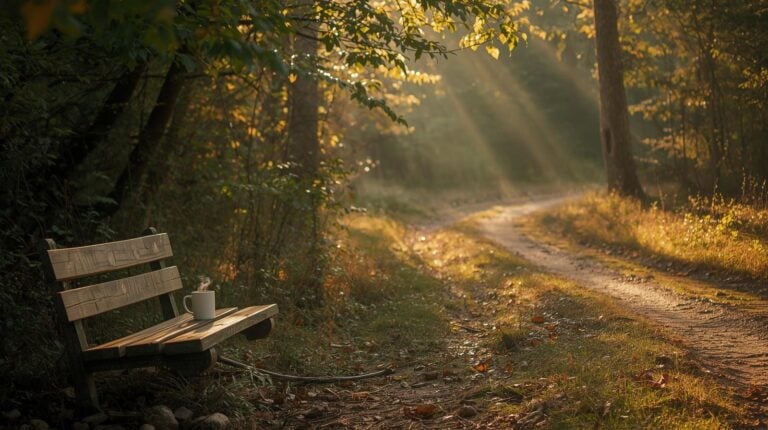 A wooden bench tucked along a soft path in a sun-dappled forest.