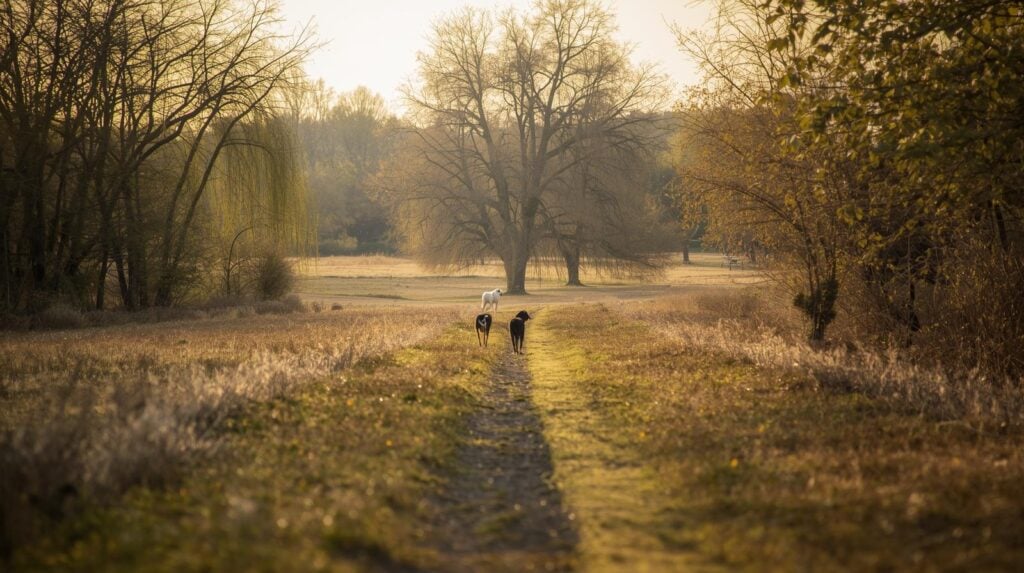 foot path through field with dogs.