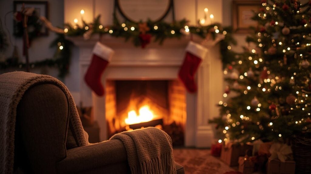 cozy chair in front of fire with Christmas tree and lit garland on the mantel with fireplace burning.