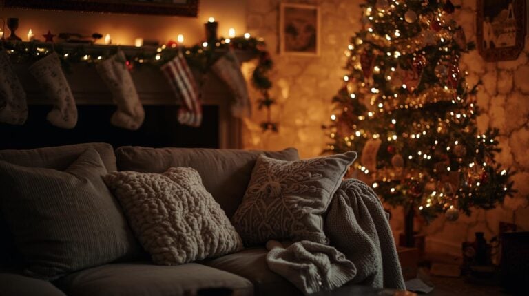 A warm, softly lit Christmas living room Cozy lights, stockings, maybe a lit tree, with a slightly lived-in feel&mdash;pillows not perfectly straight, a blanket draped casually. It visually represents beautiful imperfection and the warmth of the season.