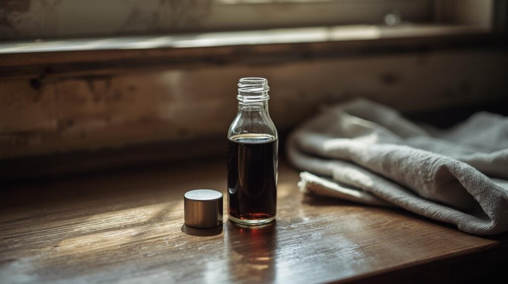 small bottle of vanilla extract with lid off on a wooden counter in a vintage kitchen.
